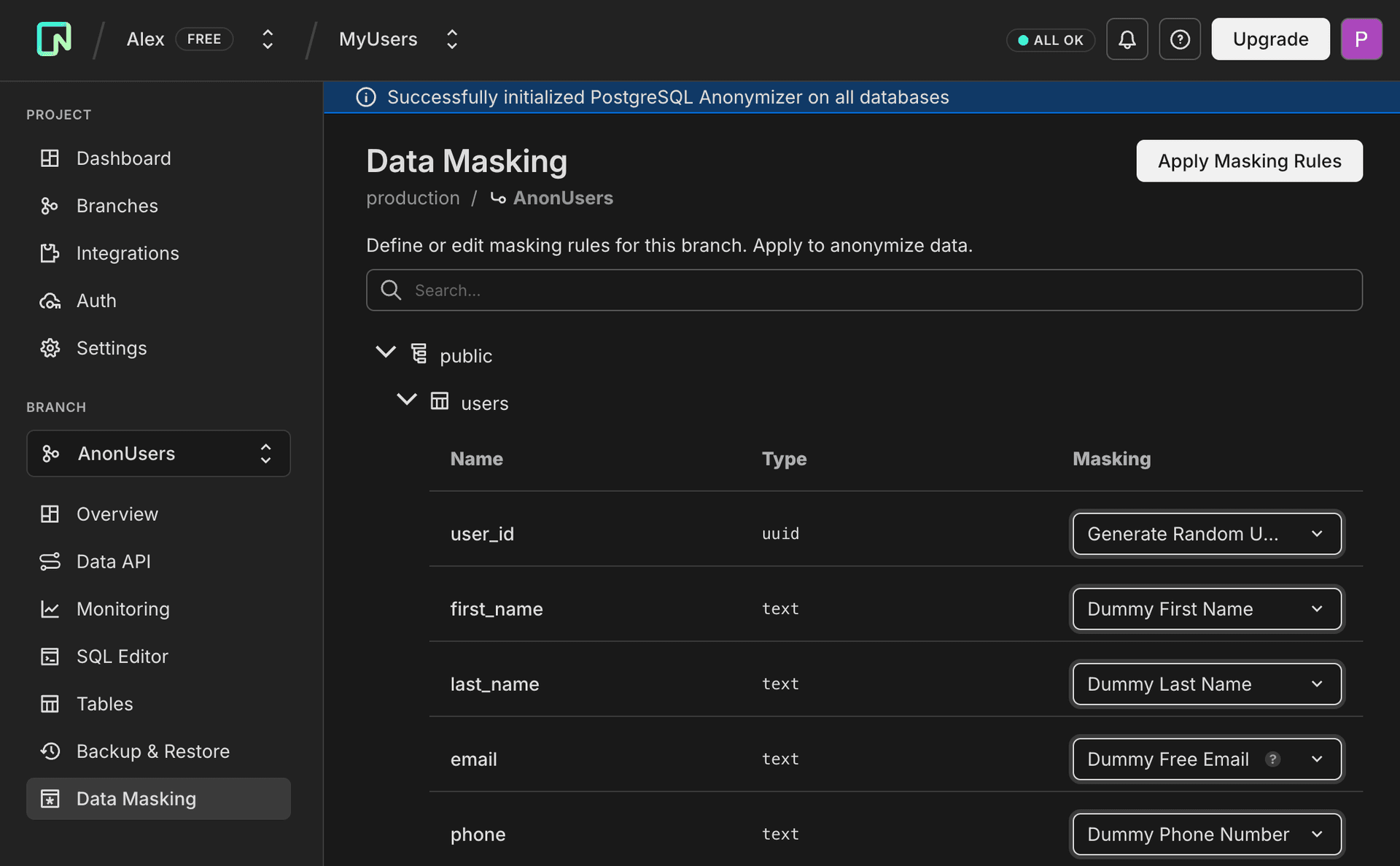 Neon Console data masking dialog with example masking functions configured